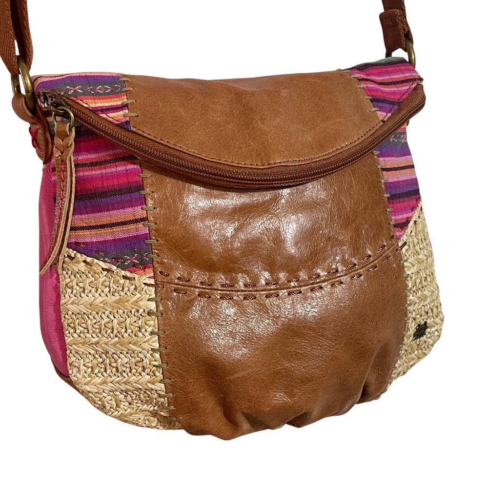 The Sak Leather Straw Patchwork Boho Bag Brown Pink Shoulder Purse Crossbody
